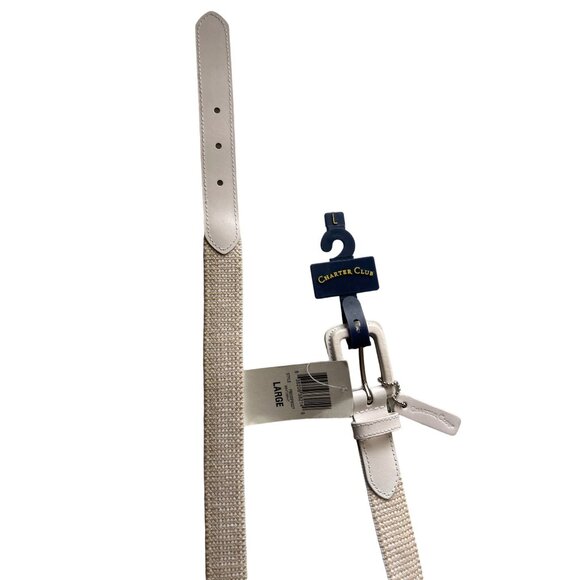 Charter club White & Tan Cotton Blend Genuine Bonded Leather Belt - Picture 3 of 5